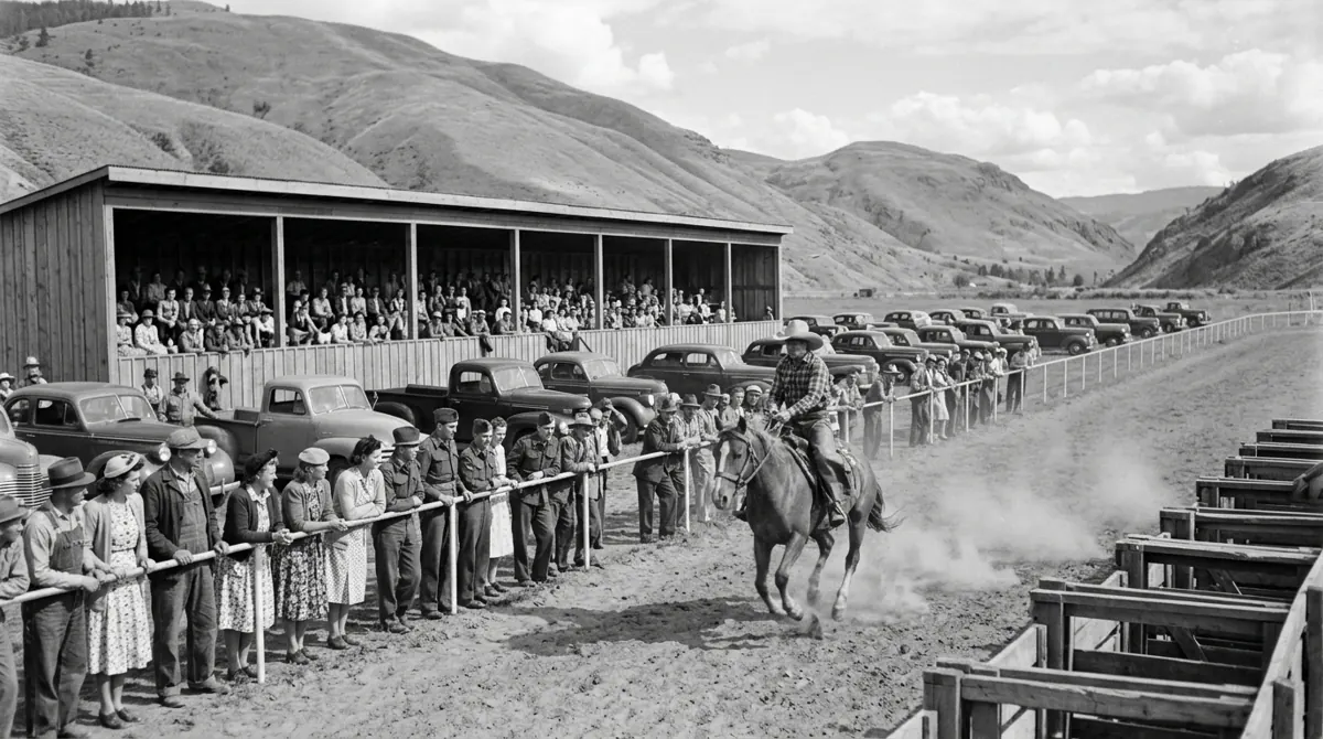 Artist’s recreation, based on Vernon Museum & Archives photo #3695. A rider leaving the chutes with the grandstand and parked cars behind.