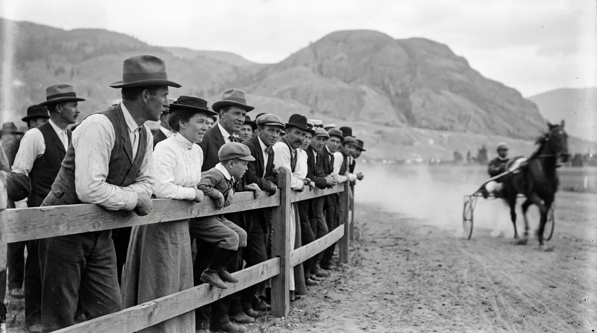 Artist’s recreation, based on Vernon Museum & Archives photo #3695. Families leaning on the fence as a trotter passes.