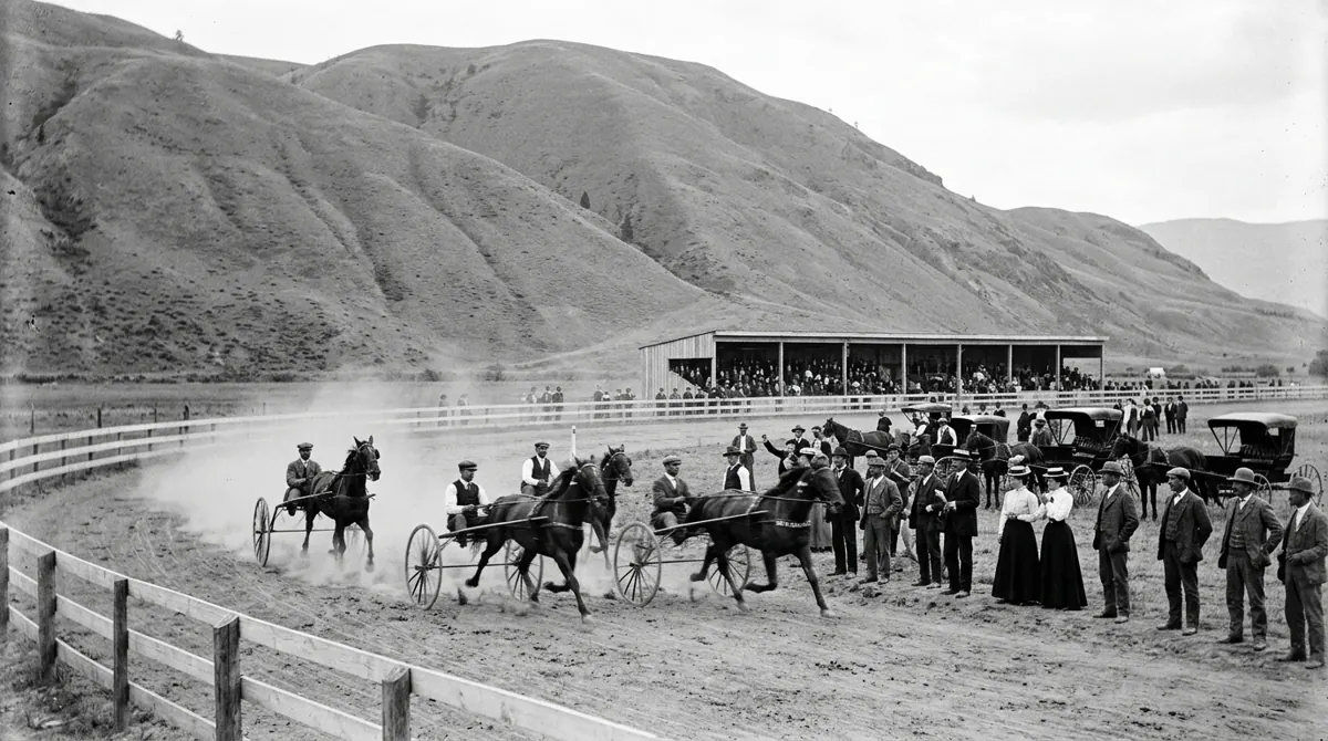 Artist’s recreation, based on Vernon Museum & Archives photo #3695. Harness racers rounding the track in front of a wooden grandstand.