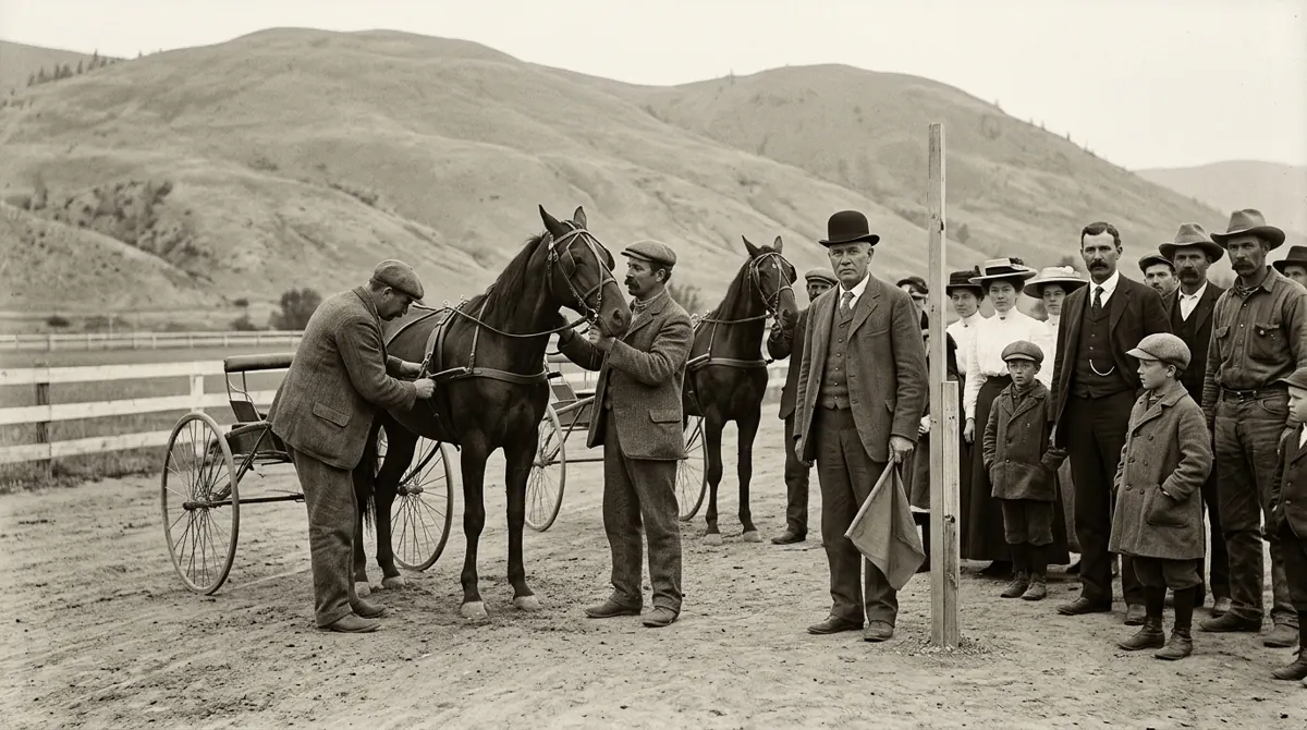 Artist’s recreation, based on Vernon Museum & Archives photo #3695. Drivers and horses at the start line with a starter holding a flag.