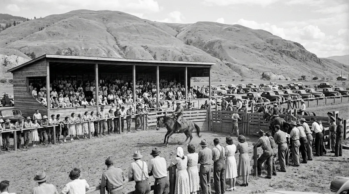 Artist’s recreation, based on Vernon Museum & Archives photo #3695. A rodeo day crowd along the fence beside the grandstand.