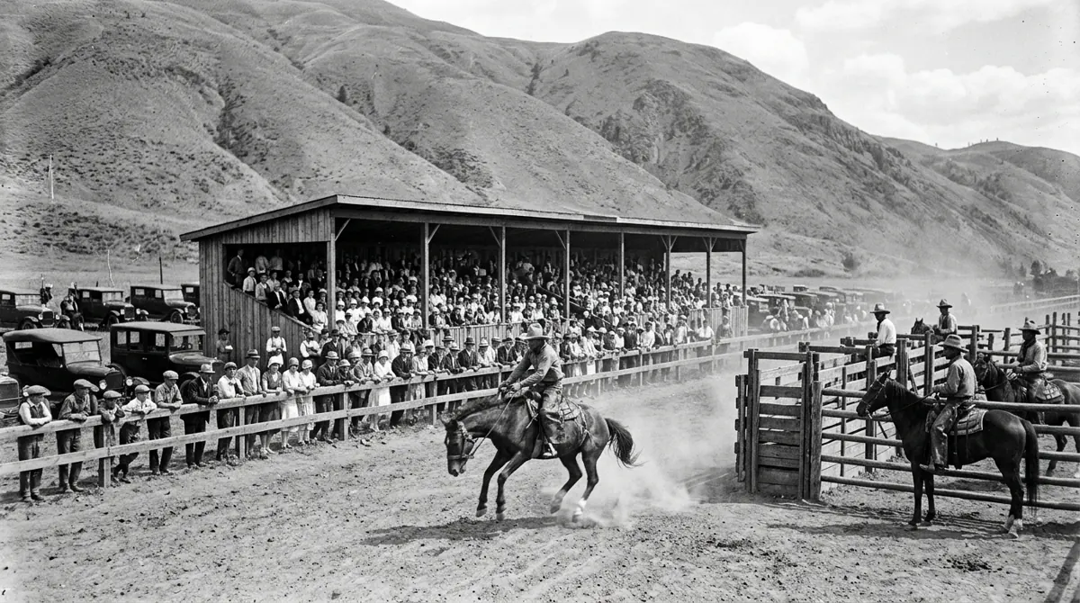 Artist’s recreation, based on Vernon Museum & Archives photo #3695. A rodeo rider in front of a full grandstand, early cars parked behind.