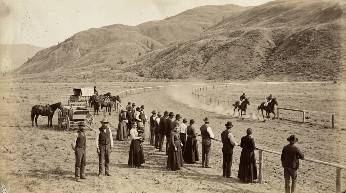 Artist’s recreation, based on Vernon Museum & Archives photo #3695. Two riders racing round the curve with spectators along the rail.