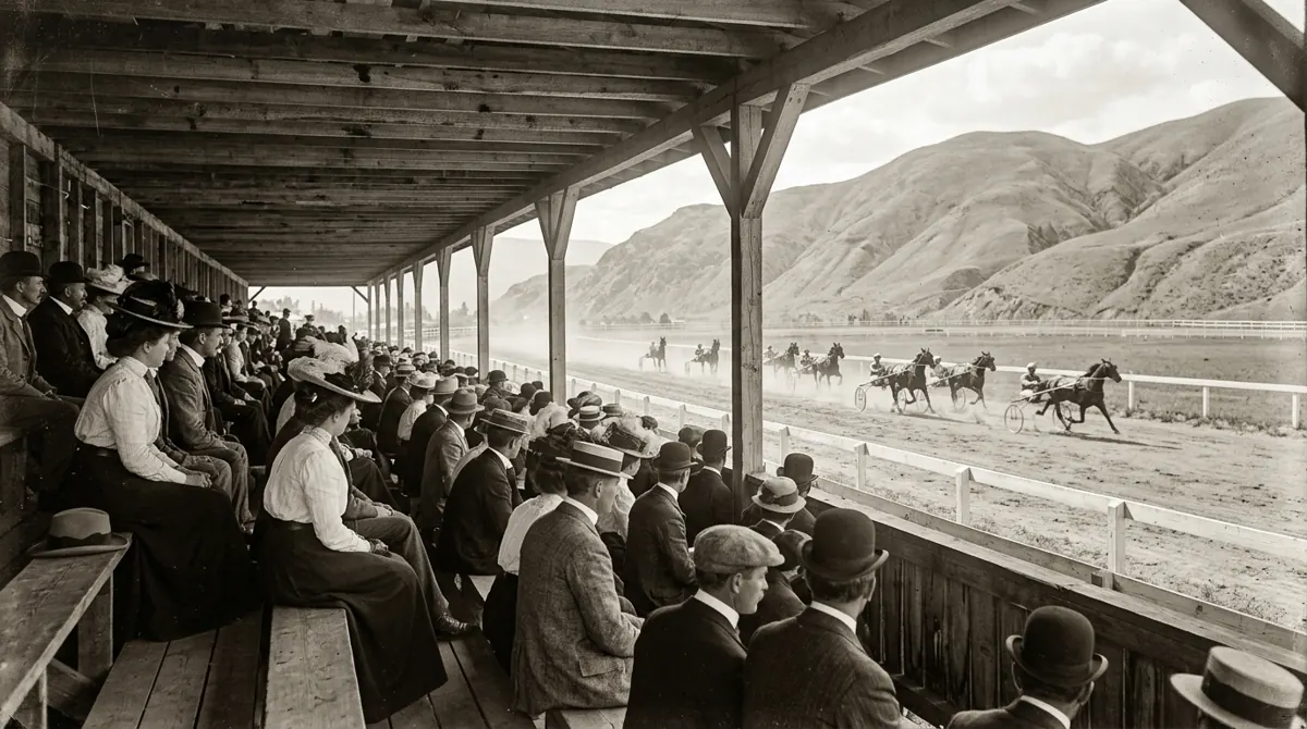 Artist’s recreation, based on Vernon Museum & Archives photo #3695. The view of a harness race from inside the grandstand.