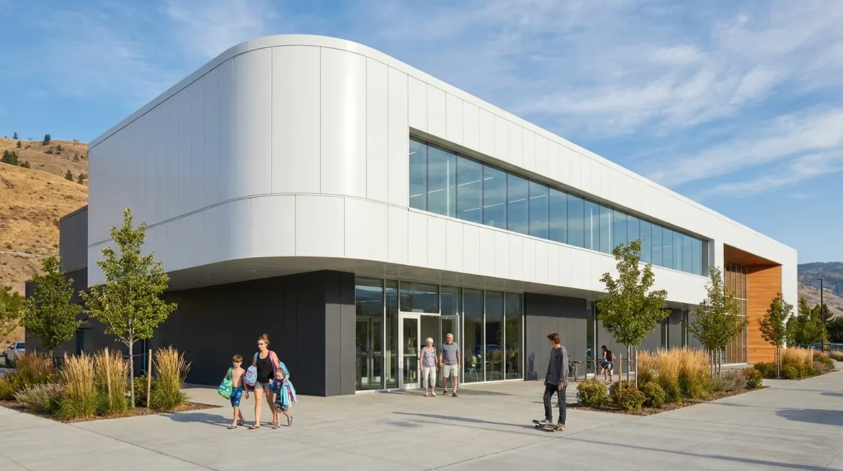 Artist’s rendering of the Active Living Centre exterior with a white curved upper level, ribbon windows and a cedar entrance