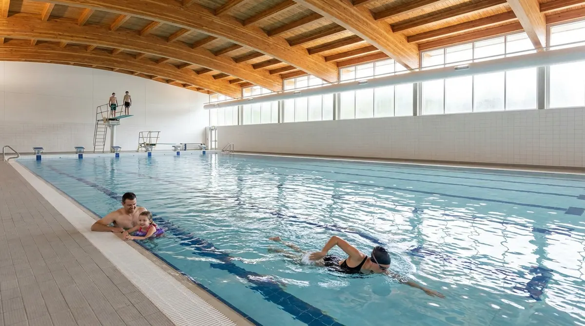 Artist’s rendering based on City of Vernon design. A swimmer, a parent and child, and the diving boards beyond.