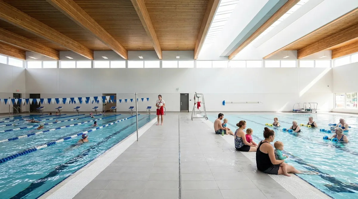 Artist’s rendering based on City of Vernon design. Families at the pool edge beside the lap lanes.