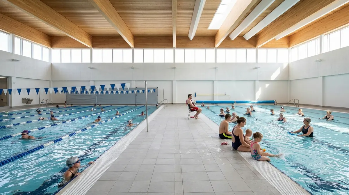 Artist’s rendering based on City of Vernon design. Lane swimmers and a lifeguard in the 50-metre pool hall.
