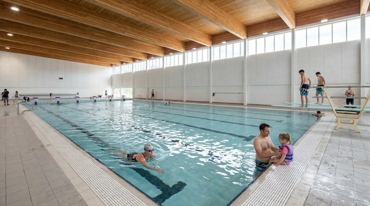 Artist’s rendering based on City of Vernon design. The wide pool hall under a timber ceiling.